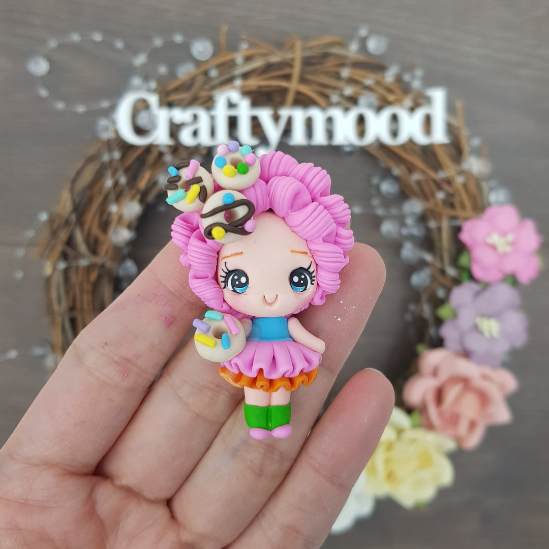 Donut pink hair girl - Handmade Flatback Clay Bow Centre