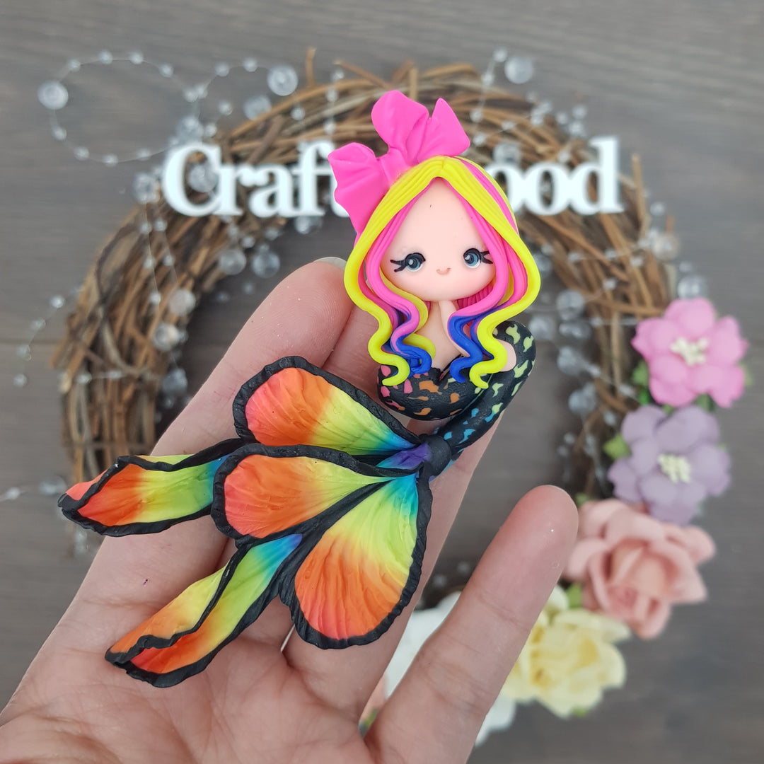Beautiful mermaid orange black pink - Handmade Flatback Clay Bow Centre