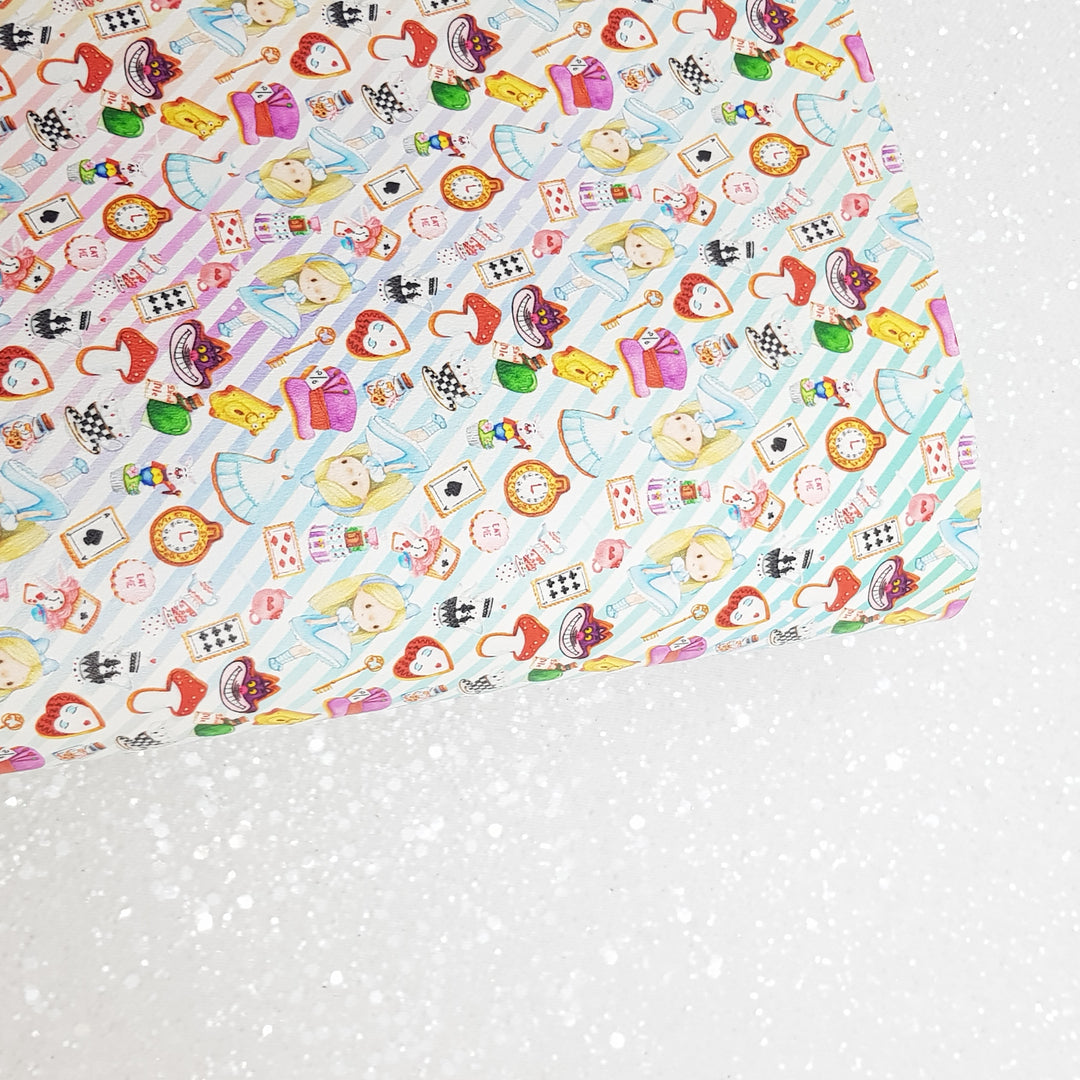 Alice in wonderland - faux vegan Leatherette vinyl - canvas - choose Fabric material Sheets