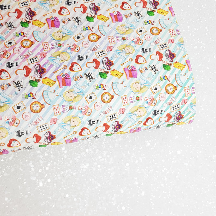 Alice in wonderland - faux vegan Leatherette vinyl - canvas - choose Fabric material Sheets