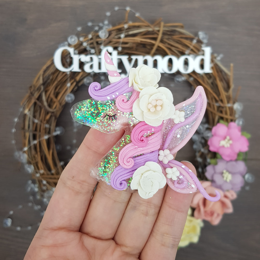 Transparent unicorn head purple - Handmade Flatback Clay Bow Centre
