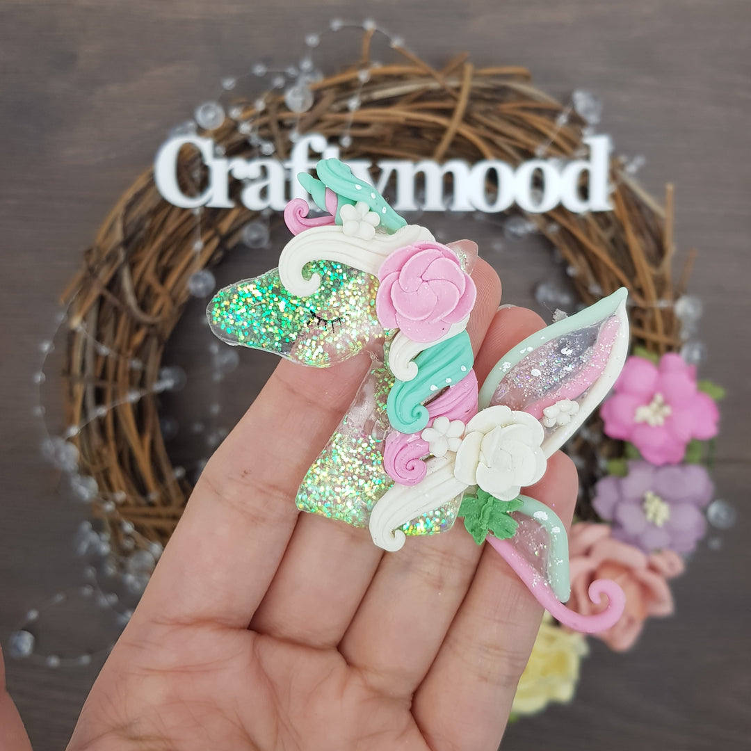 Transparent unicorn head green - Handmade Flatback Clay Bow Centre