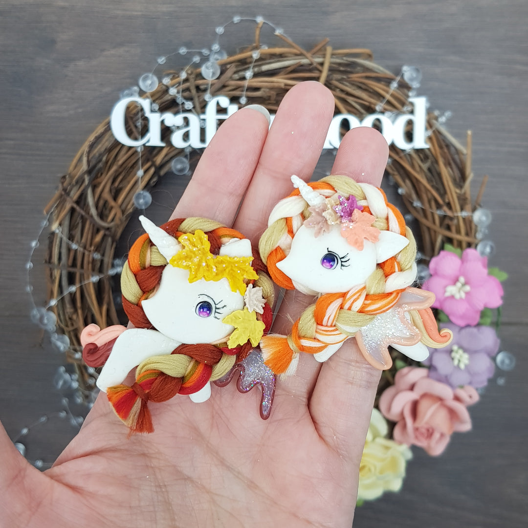 Autumn fluffy hair fur unicorn - Handmade Flatback Clay Bow Centre