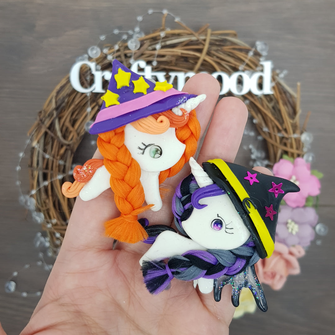 Halloween unicorn witch - Handmade Flatback Clay Bow Centre