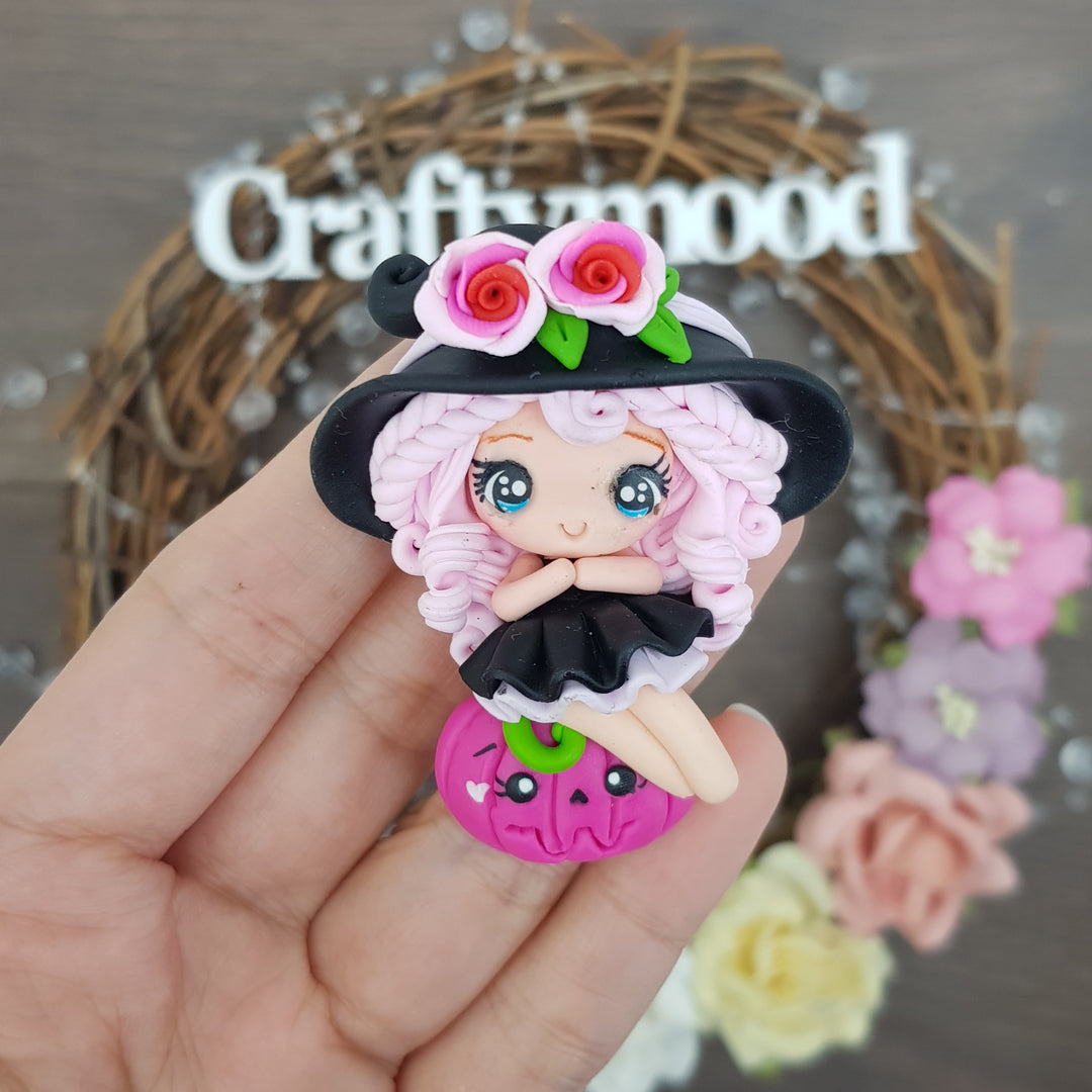 Magenta pumpkin fairy witch - Handmade Flatback Clay Bow Centre
