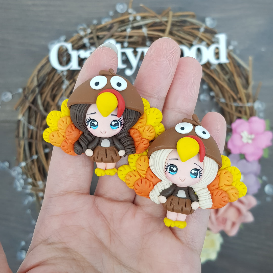Turkey dressing up girl - Handmade Flatback Clay Bow Centre