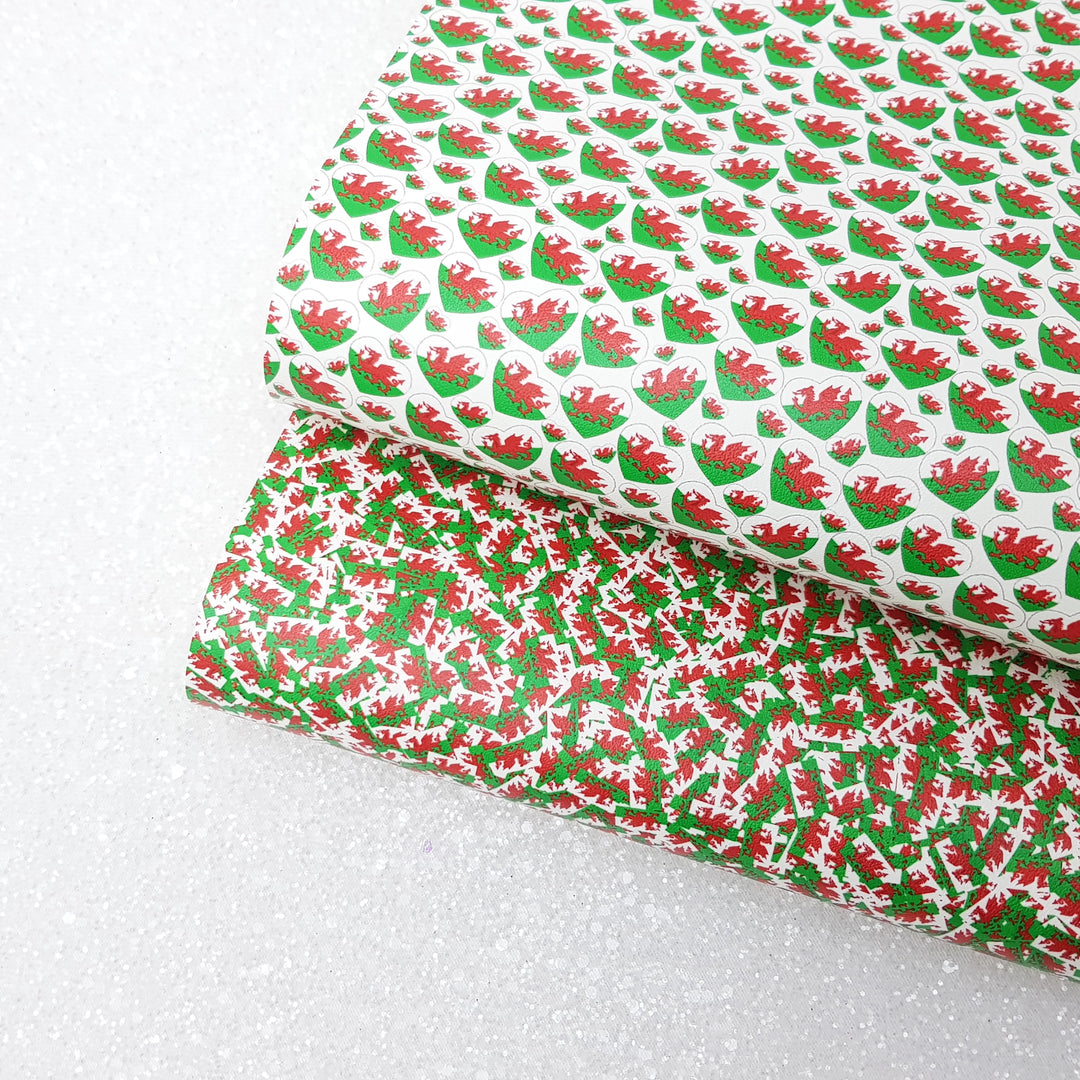Love Wales Welsh Flag red dragon - Pu Leather vinyl - canvas - choose Fabric material Sheets