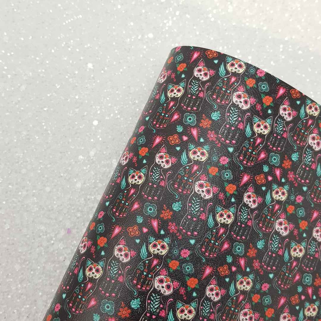 Candy skull cat halloween - Pu Leatherette vinyl - canvas - choose Fabric material Sheets