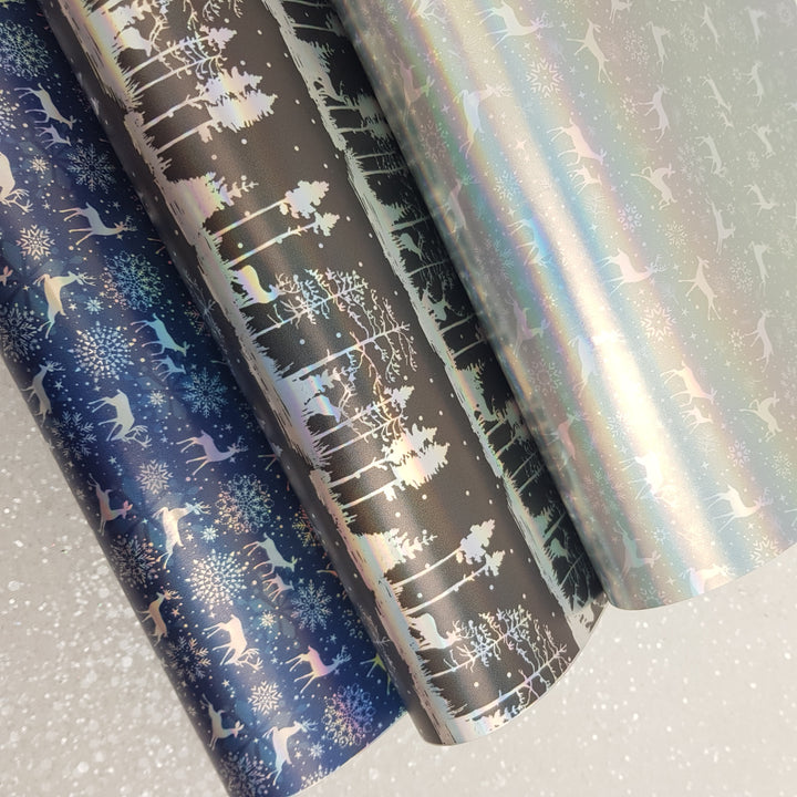 Holographic winter deer Christmas - faux vegan Leather vinyl