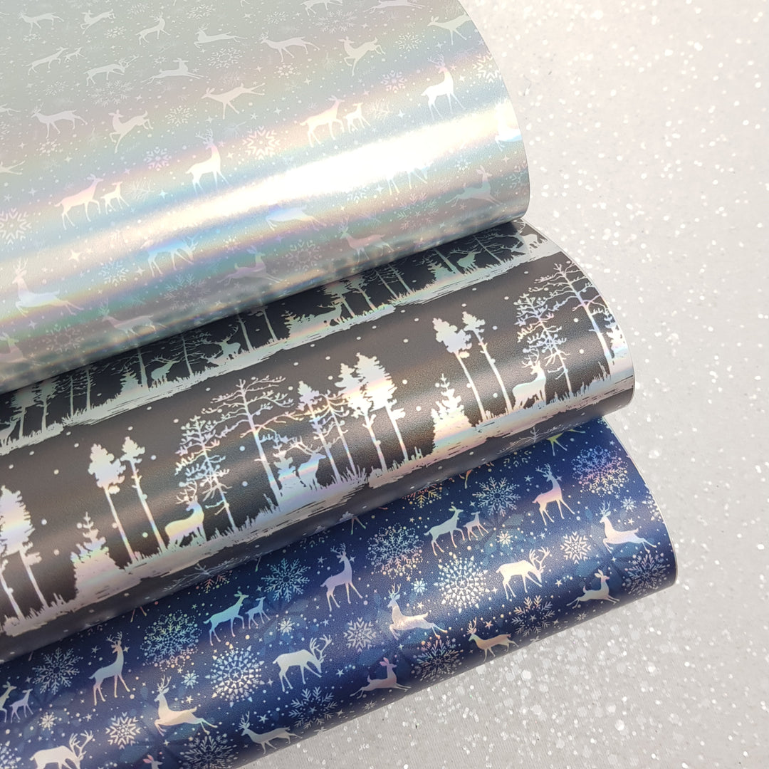 Holographic winter deer Christmas - faux vegan Leather vinyl