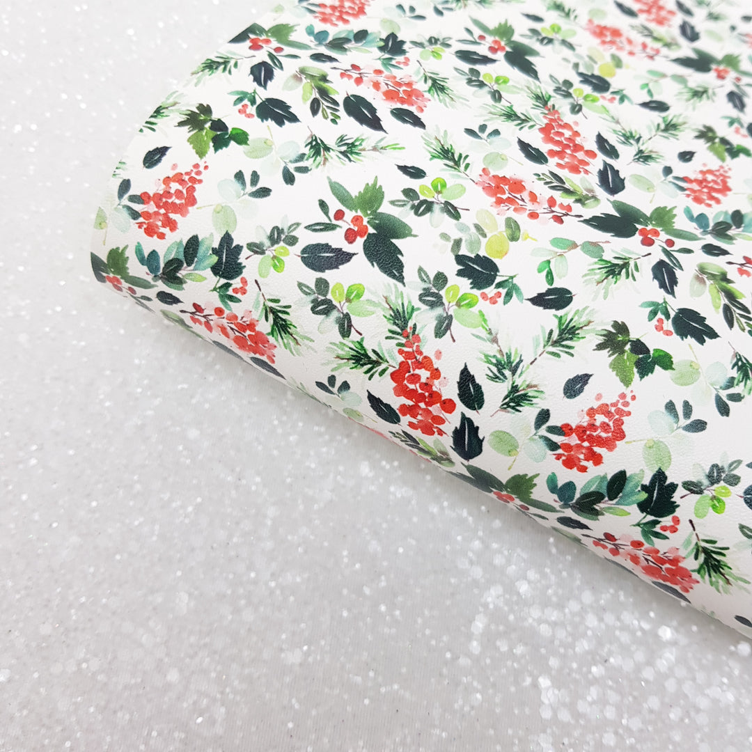 Holly berry red berries - Pu Leather vinyl - canvas - choose Fabric material Sheets
