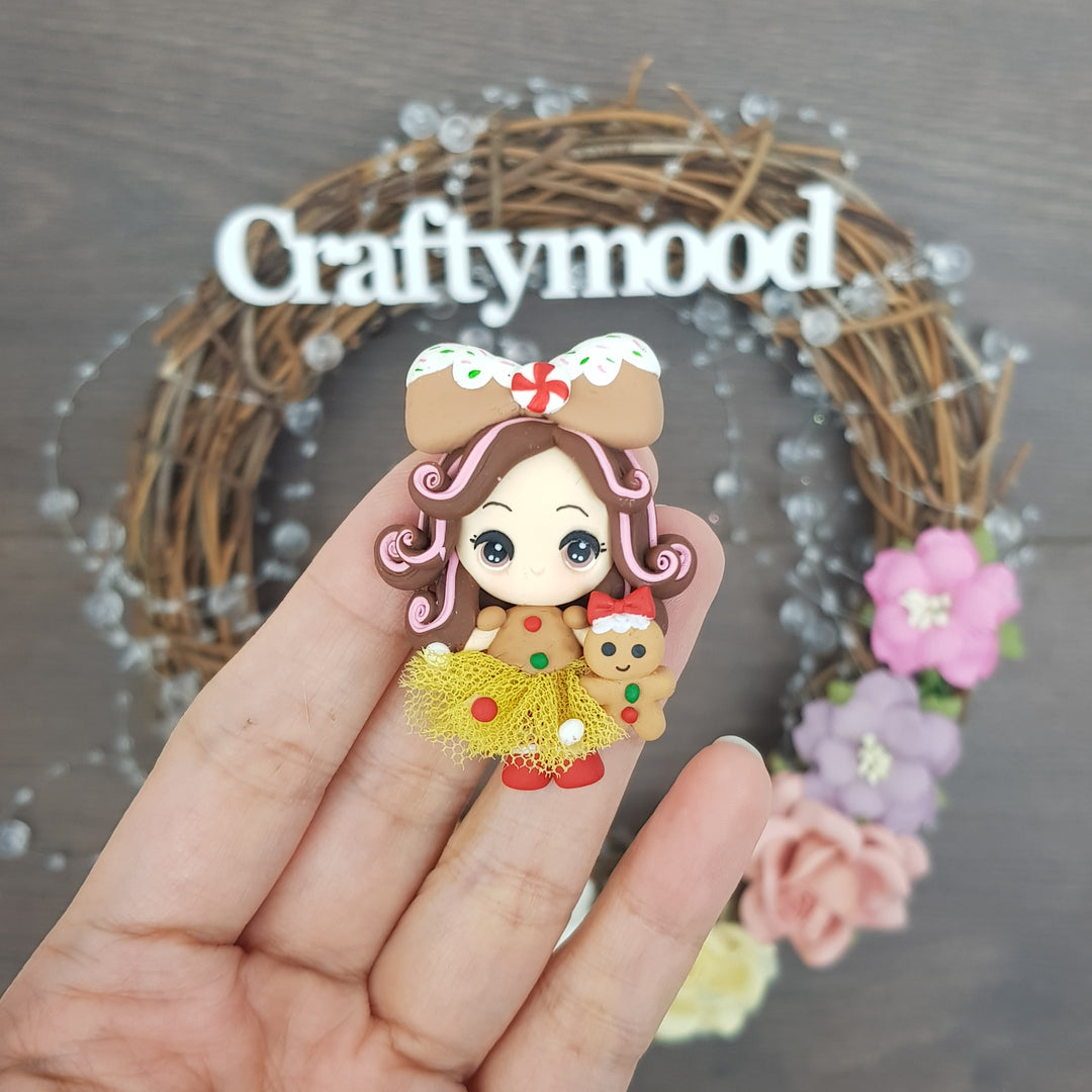 Ginger bread Christmas girl - Handmade Flatback Clay Bow Centre