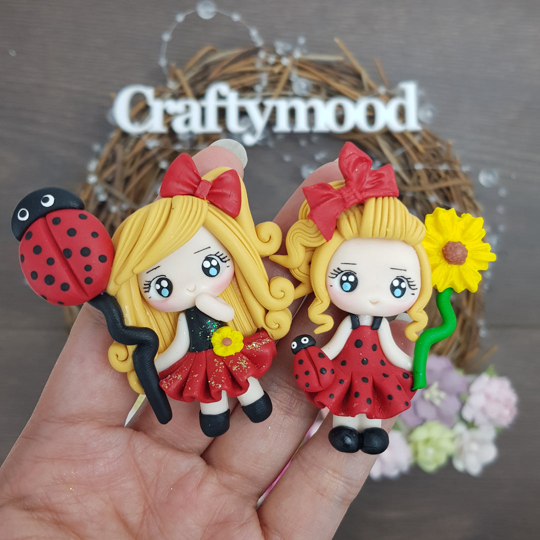 Ladybug girl - Handmade Flatback Clay Bow Centre