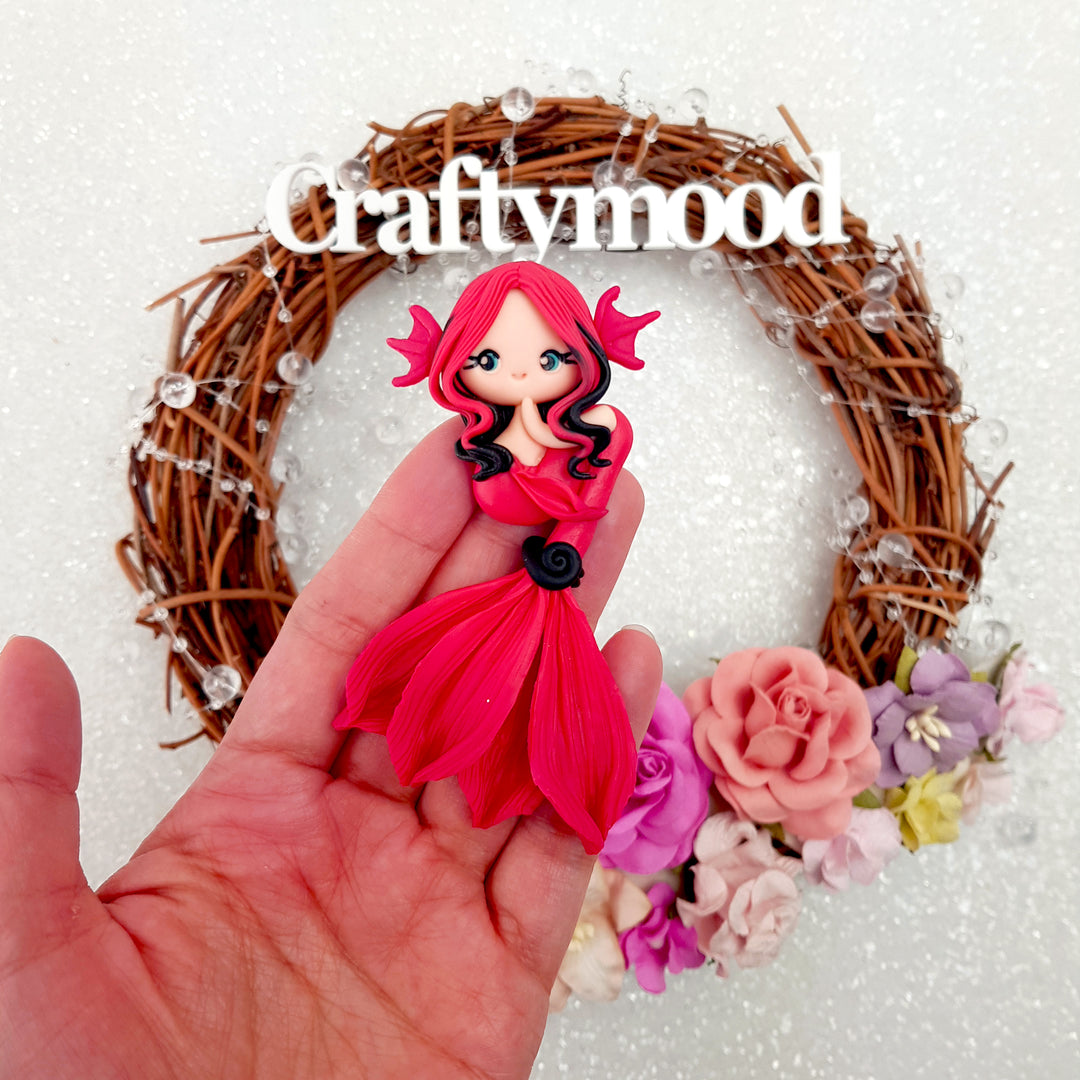 Beautiful mermaid siren red black - Embellishment Clay Bow Centre