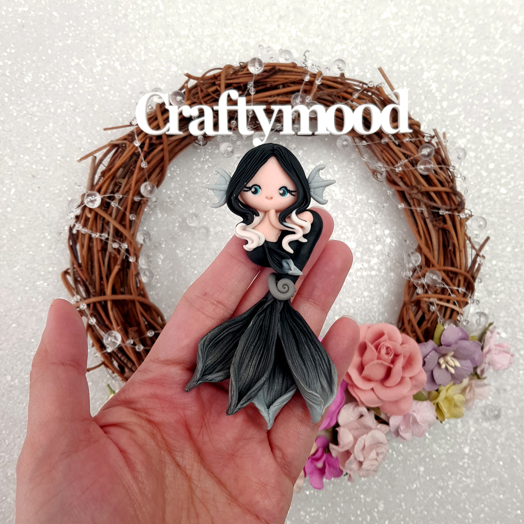 Beautiful mermaid siren black white - Embellishment Clay Bow Centre