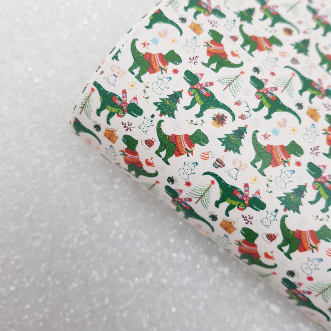Christmas Dinosaur trex - Pu faux Leather vinyl - canvas - choose Fabric material Sheets