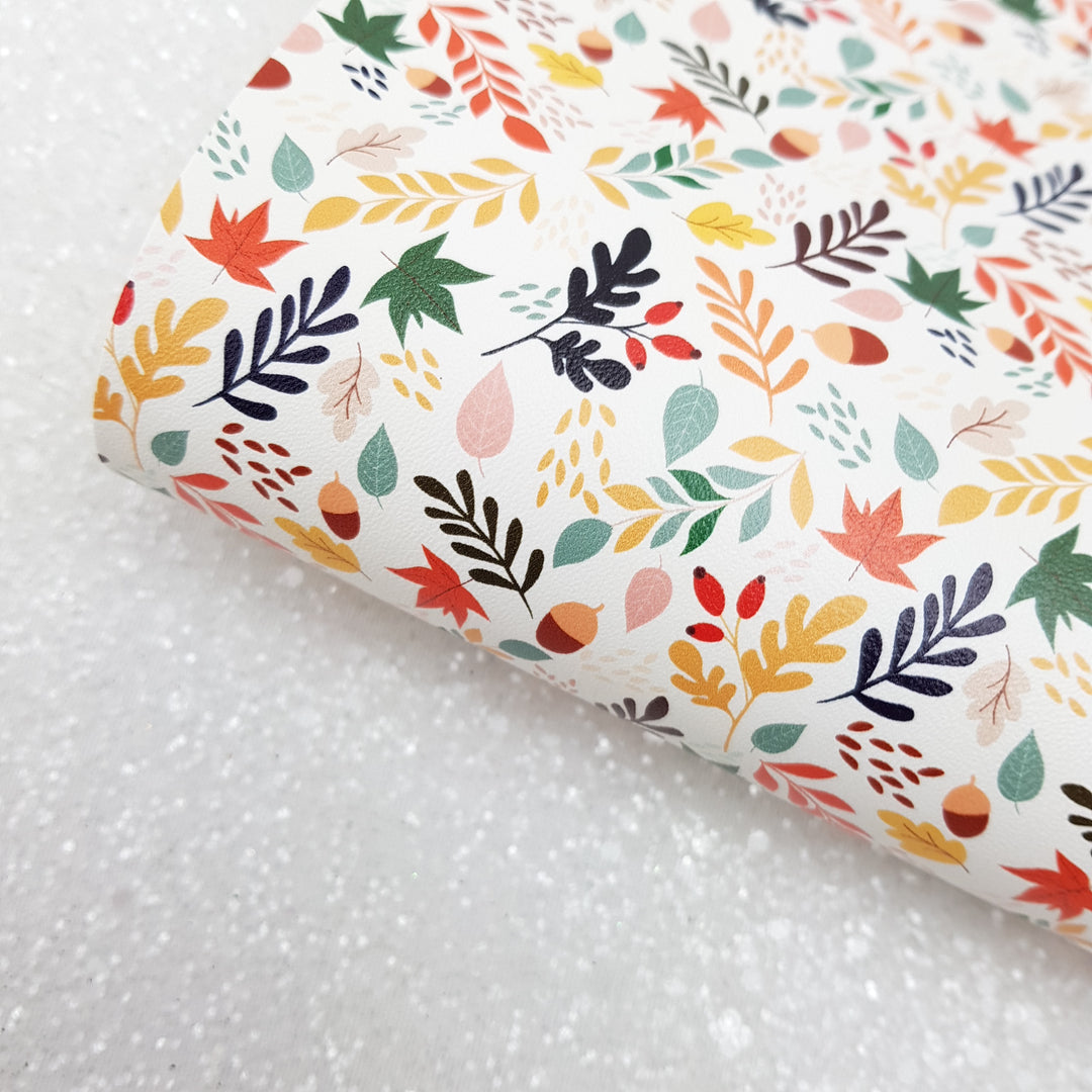 Autumn fall leaves pinecone - Pu Leatherette vinyl - canvas - choose Fabric material Sheets