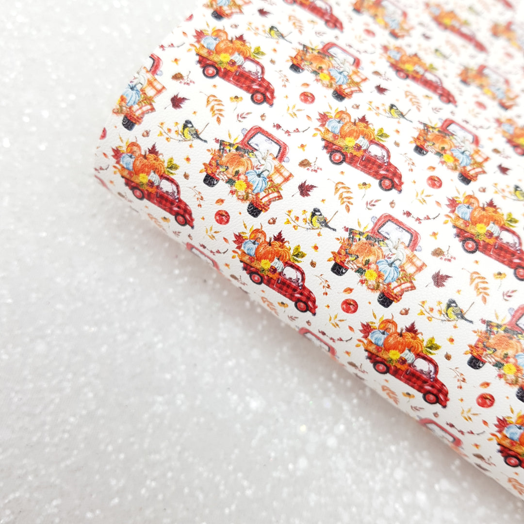 pumpkin truck fall - Pu Leather vinyl - canvas - choose Fabric material Sheets