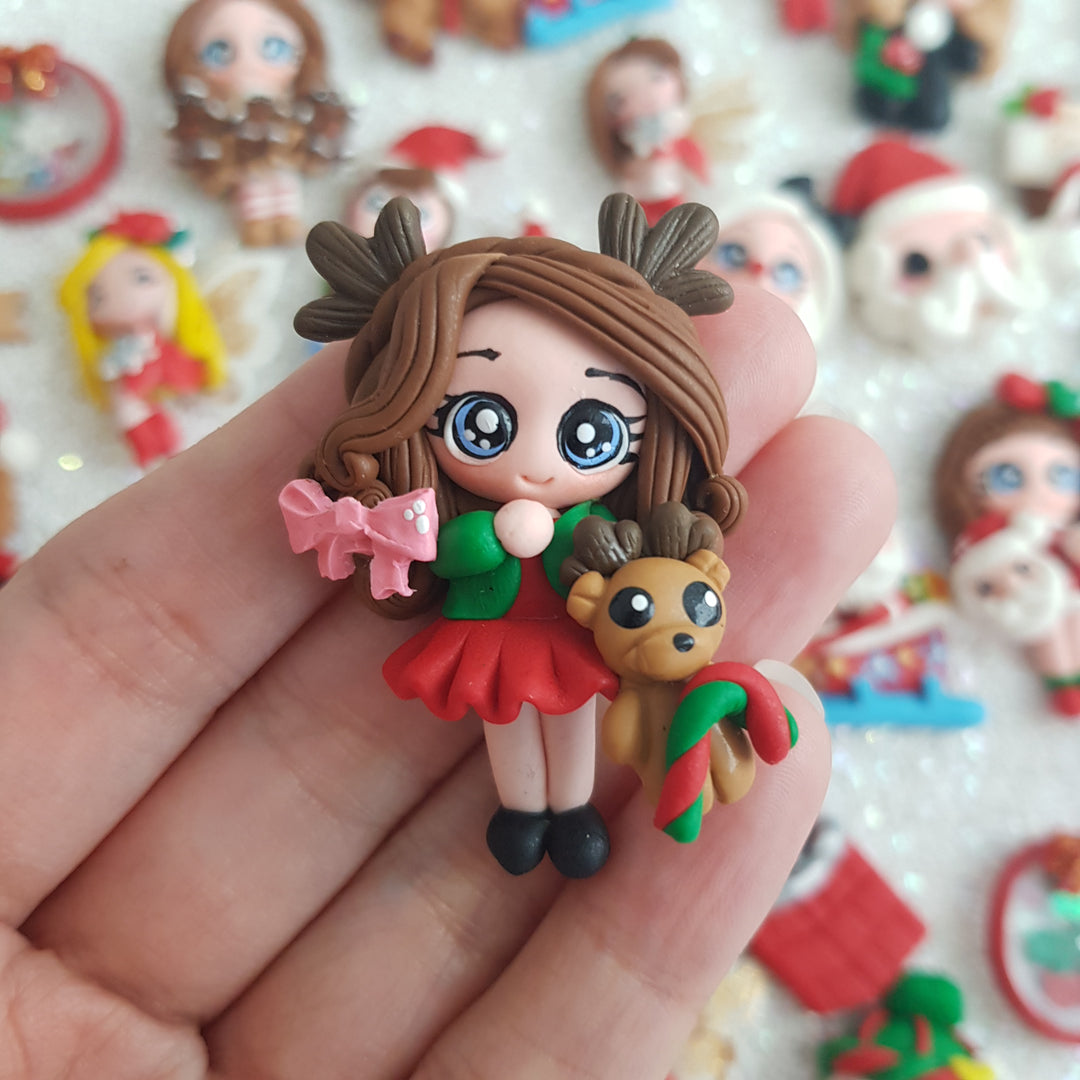 Christmas reindeer girl - Handmade Flatback Clay Bow Centre