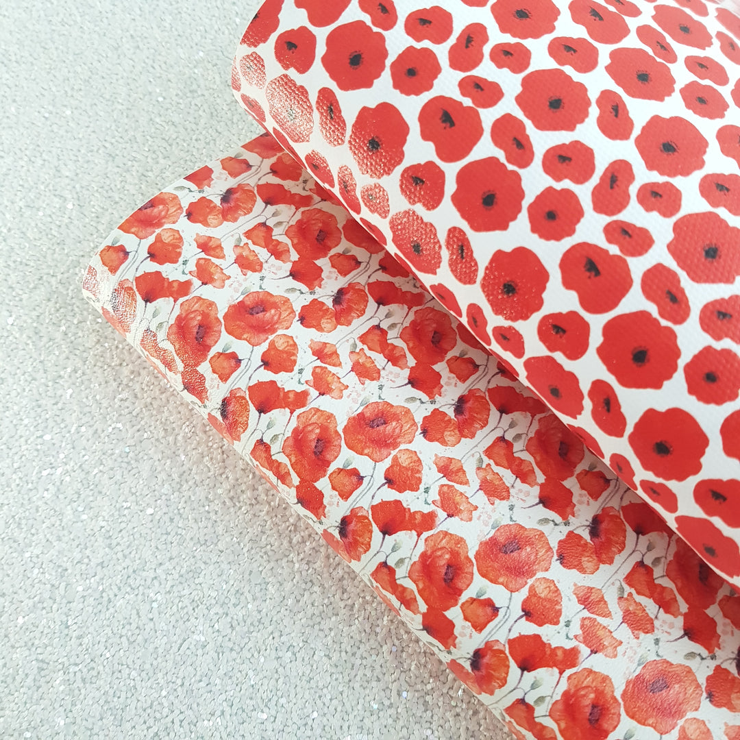 red Poppy  remembrance day - Faux PU Leather vinyl - canvas - choose Fabric material Sheets