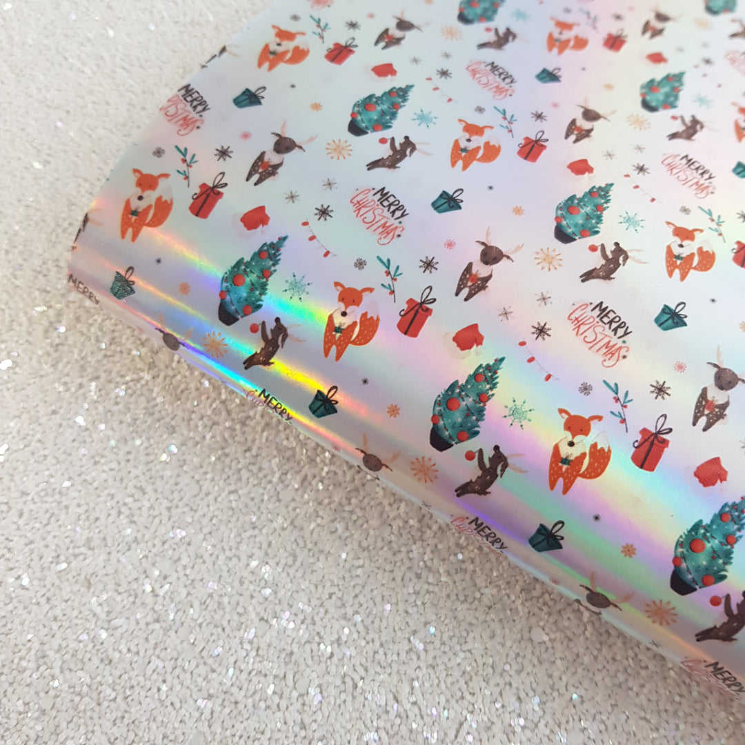 Merry Christmas deer fox Holographic - faux Leather vinyl