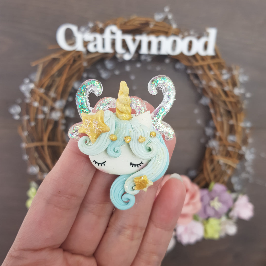 Blue and golden unicorn head - Handmade Flatback Clay Bow Centre