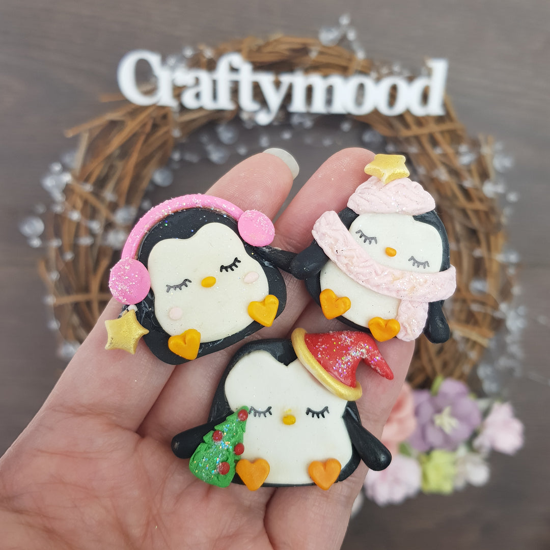 Winter penguins - Handmade Flatback Clay Bow Centre