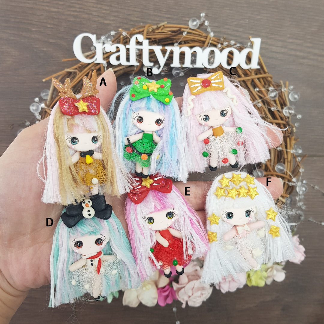 Winter Christmas fluffy hair girls - Handmade Flatback Clay Bow Centre
