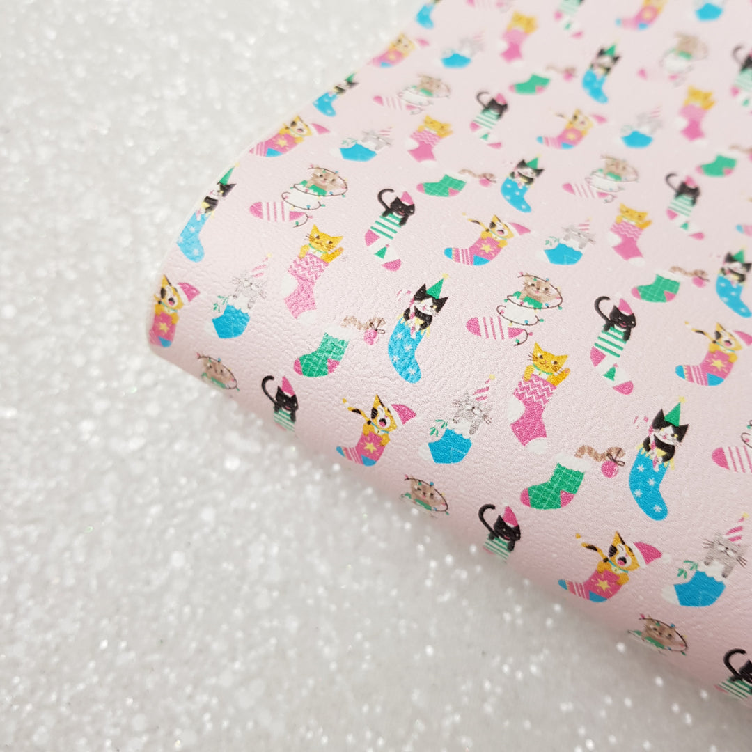Christmas cat stocking - faux Leather vinyl - canvas - choose Fabric material Sheets
