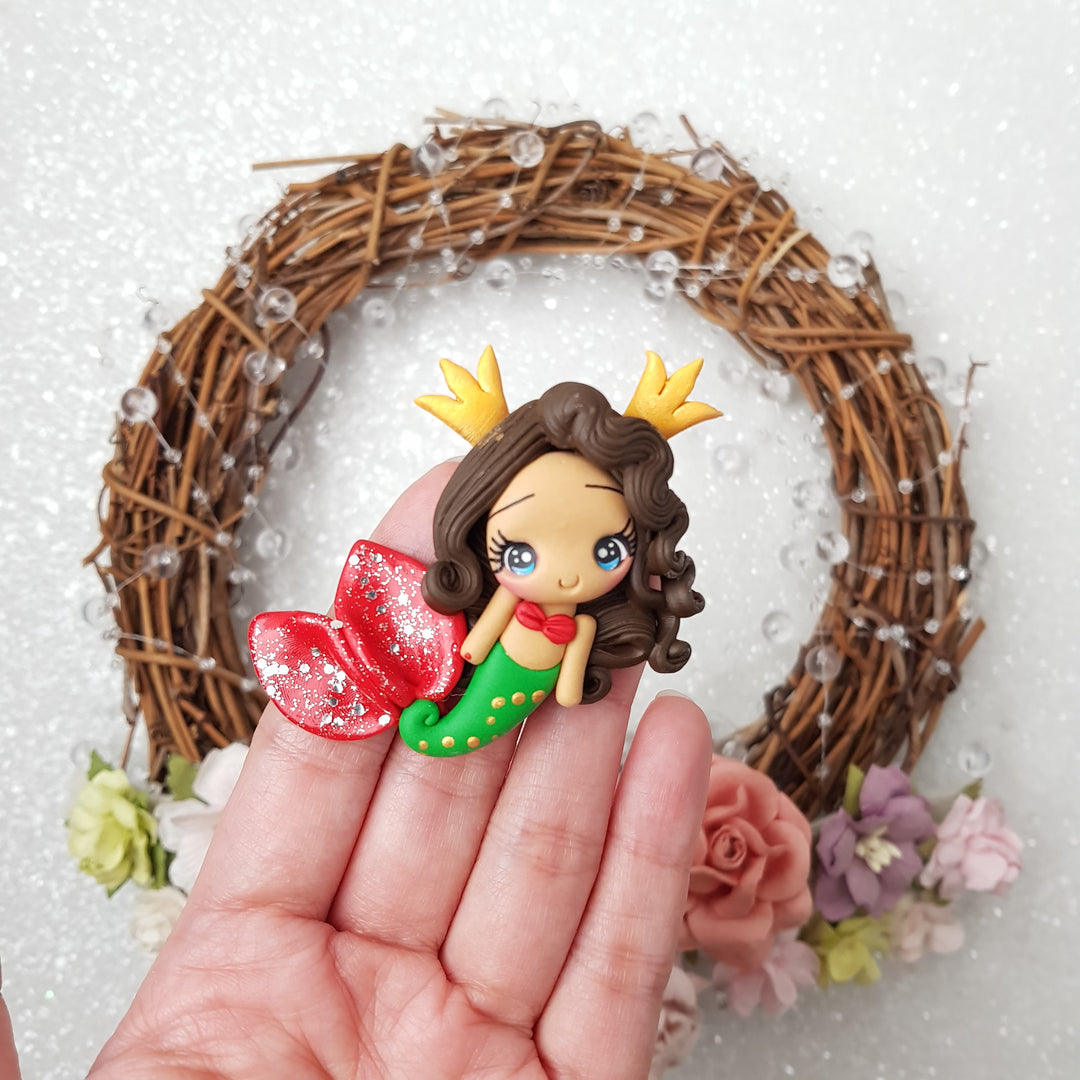 Christmas mermaid brunette hair - Handmade Flatback Clay Bow Centre