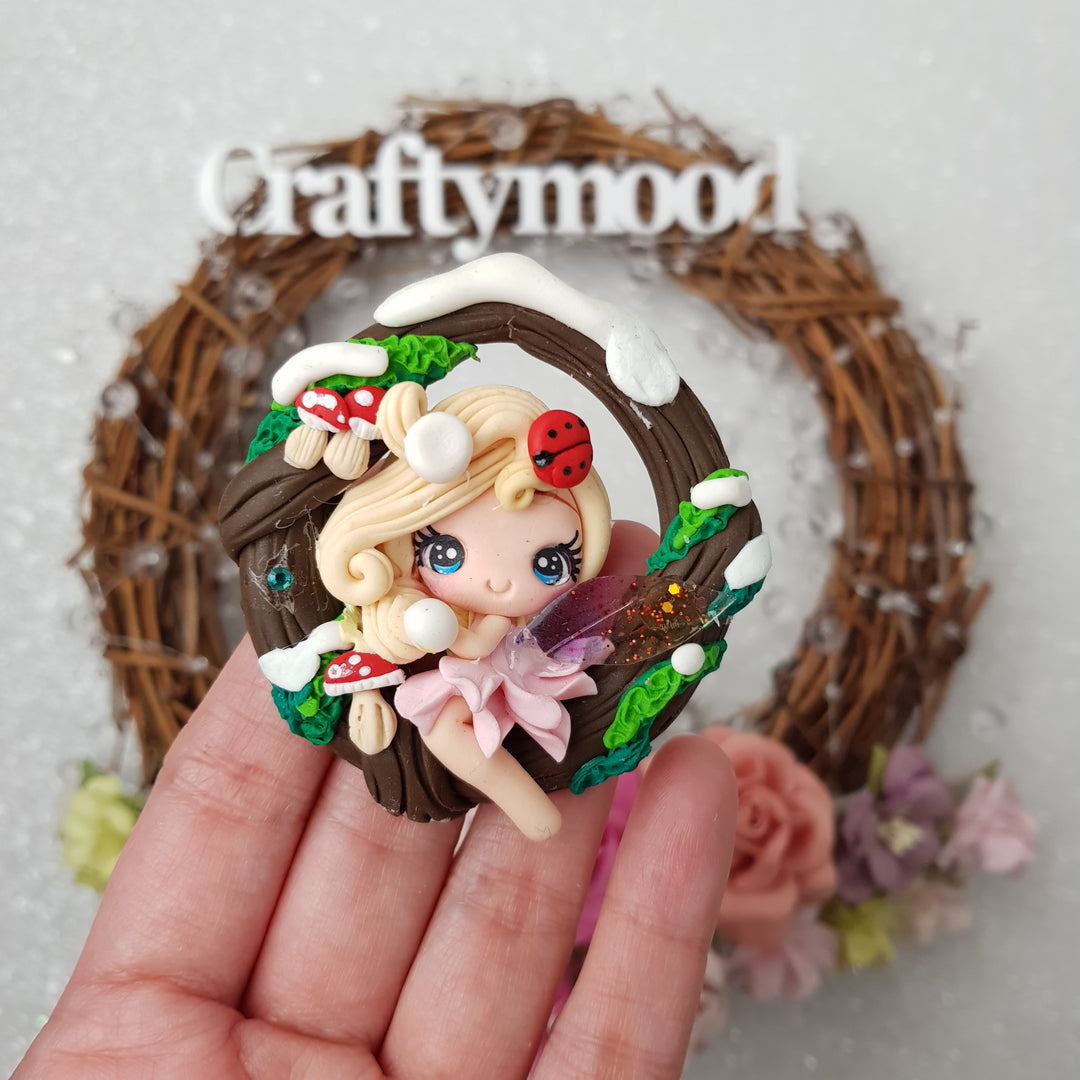Snow mushroom fairy - Embellishment Clay Bow Centre