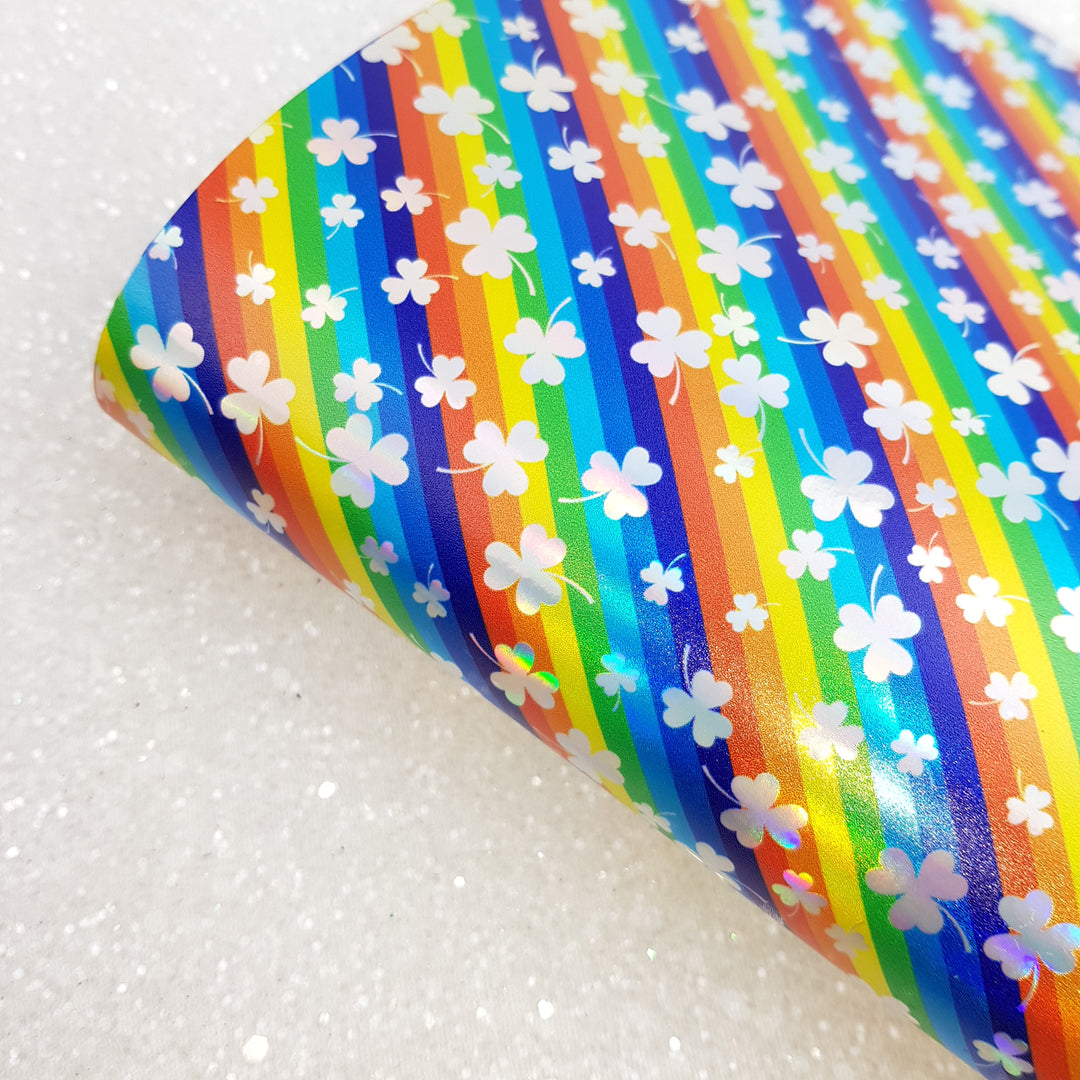 Holographic St Patrick shamrock rainbow - faux vegan Leather vinyl