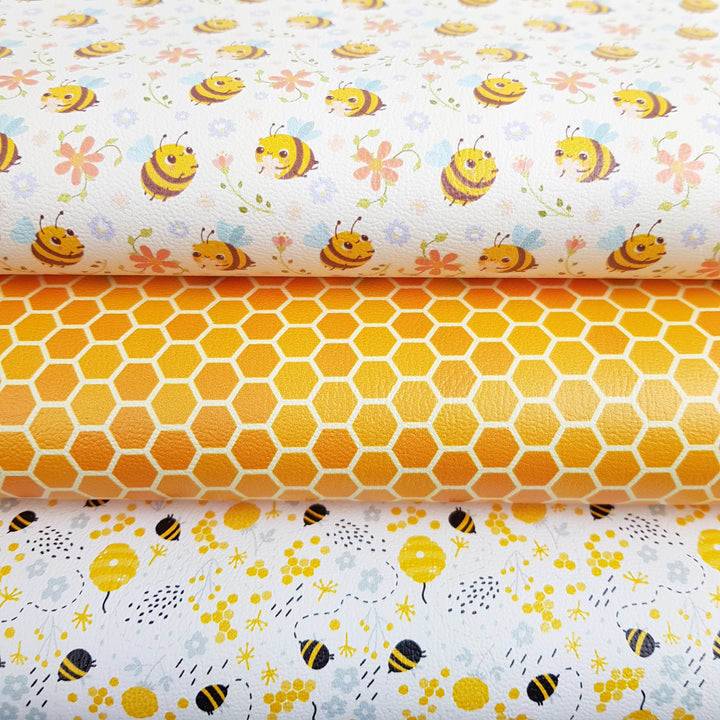 bee honey comb - faux vegan Leatherette vinyl - canvas - choose Fabric material Sheets