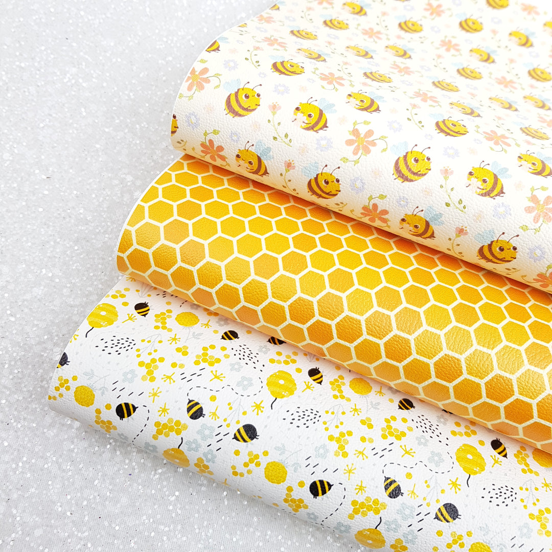 bee honey comb - faux vegan Leatherette vinyl - canvas - choose Fabric material Sheets