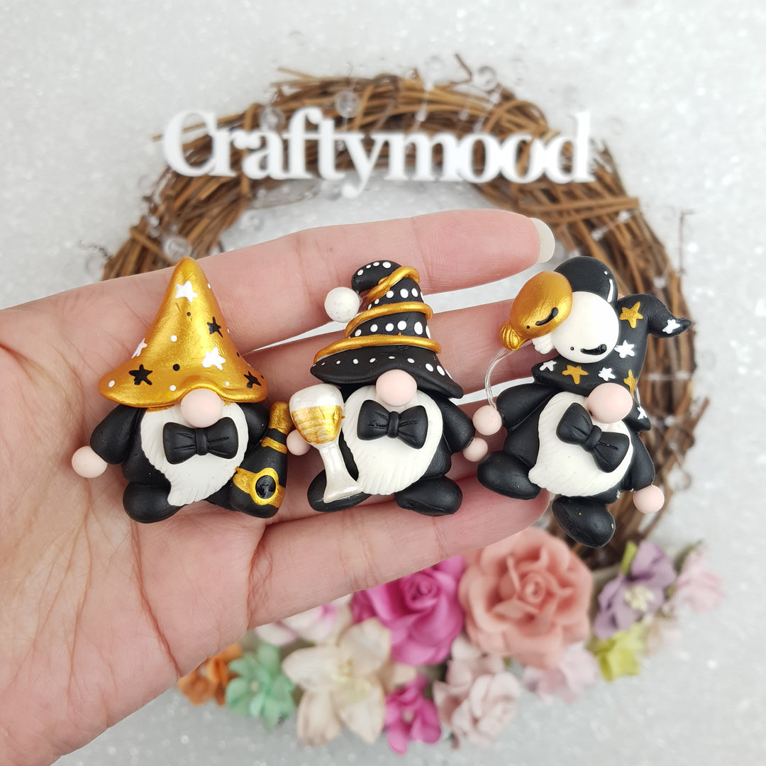 SALE Birthday gnome gonk Happy new Year Black gold - Embellishment Clay Bow Centre
