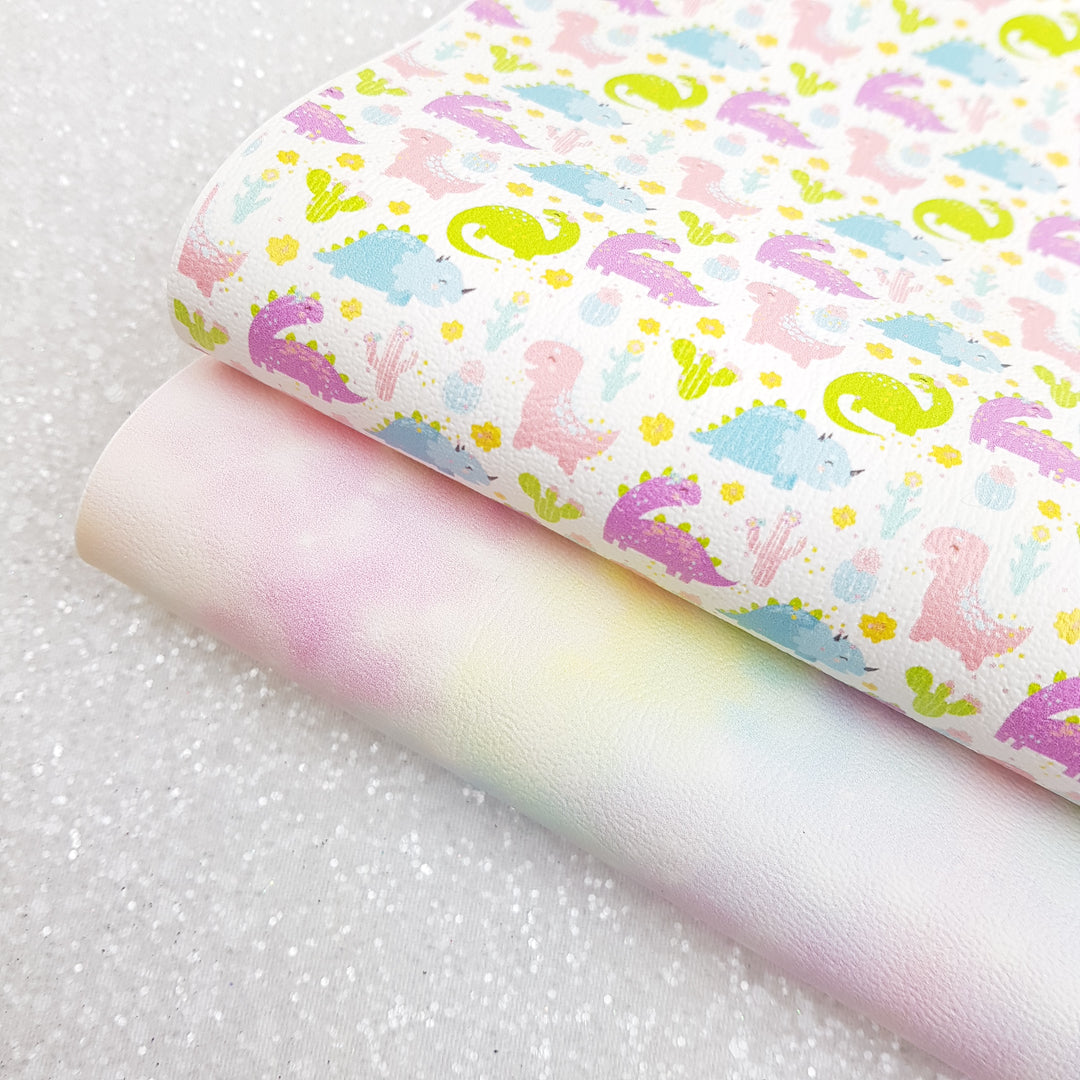 Dinosaur pastel rainbow   - Pu faux Leather vinyl - canvas - choose Fabric material Sheets