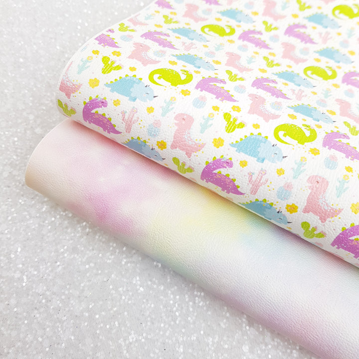 Dinosaur pastel rainbow   - Pu faux Leather vinyl - canvas - choose Fabric material Sheets