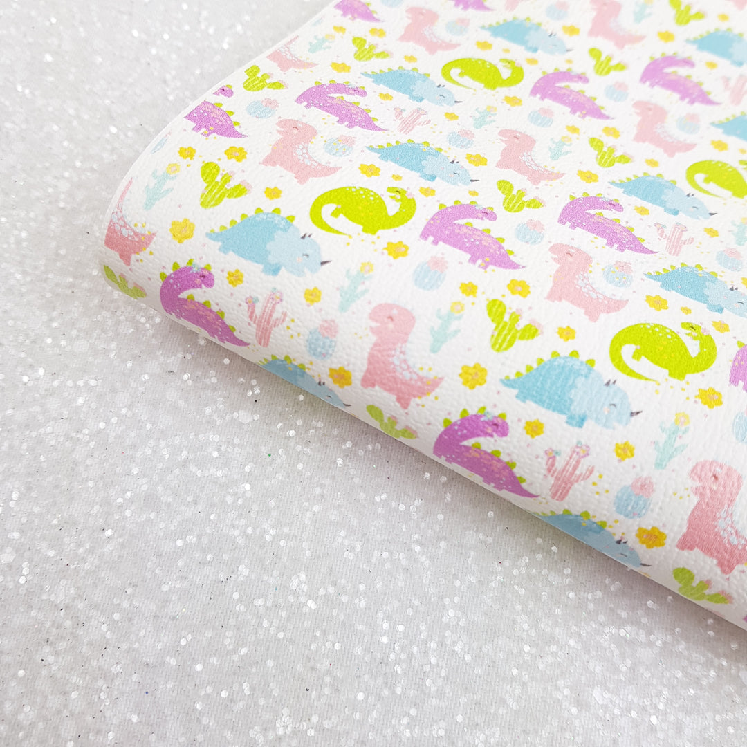 Dinosaur pastel rainbow   - Pu faux Leather vinyl - canvas - choose Fabric material Sheets