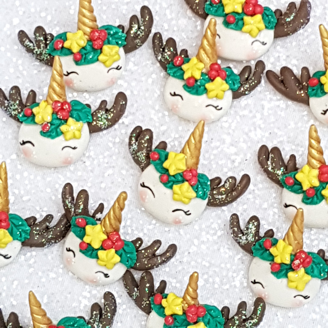 Unicorn Christmas Head A - Handmade Flatback Clay Bow Centre - Crafty Mood