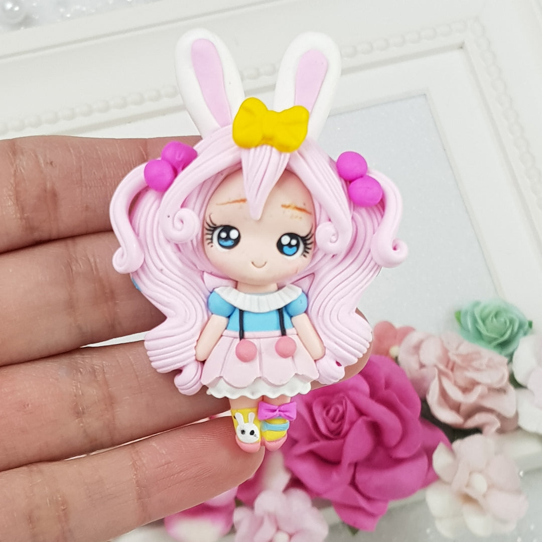 Pink Bunny Girl - A - Handmade Flatback Clay Bow Centre - Crafty Mood