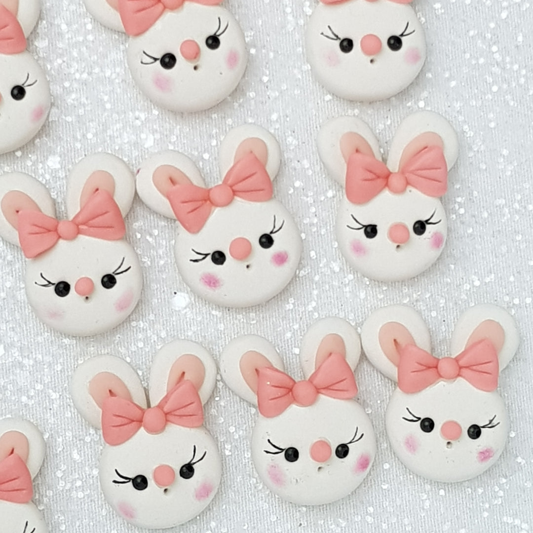 White Bunny Head with Bow - Handmade Flatback Clay Bow Centre - Crafty Mood