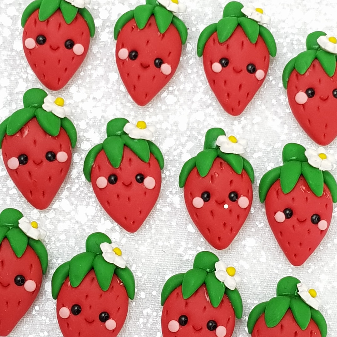 Red strawberry with flower - Handmade Flatback Clay Bow Centre - Crafty Mood