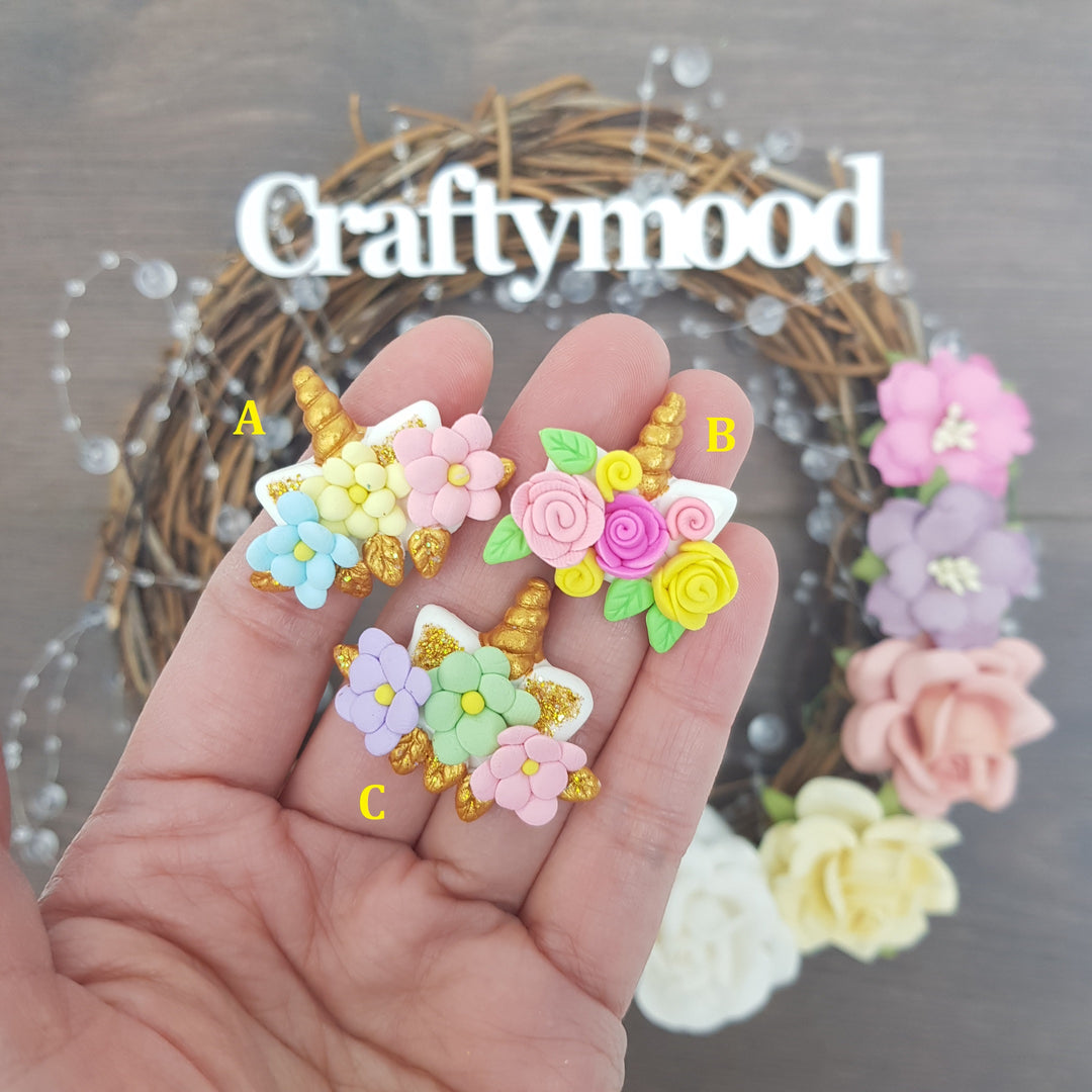 Unicorn horn with flowers - Handmade Flatback Clay Bow Centre