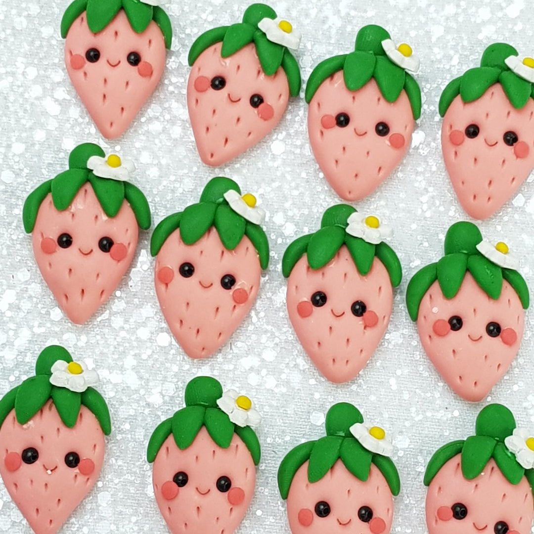 Pink strawberry with flower - Handmade Flatback Clay Bow Centre - Crafty Mood