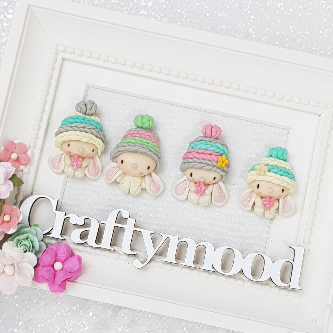 Knitted Cap Rabbits - Embellishment Clay Bow Centre