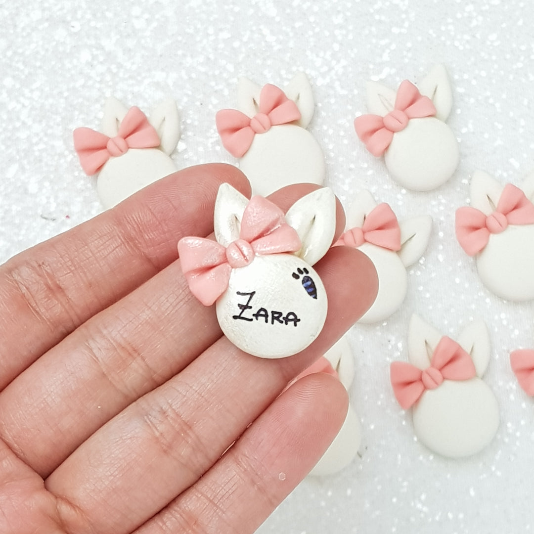 Personalised Bunny with Bow - Handmade Flatback Clay Bow Centre - Crafty Mood