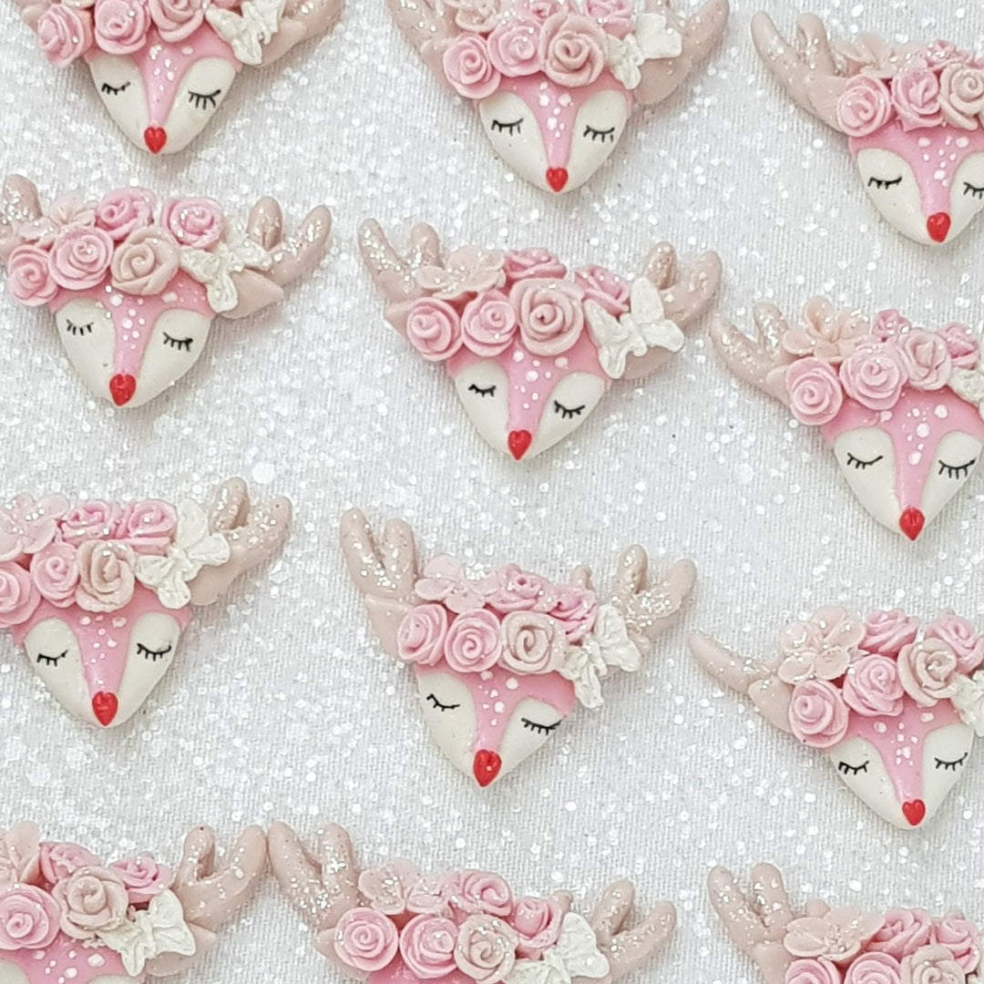 Sleepy Pink Deer Head - Handmade Flatback Clay Bow Centre - Crafty Mood