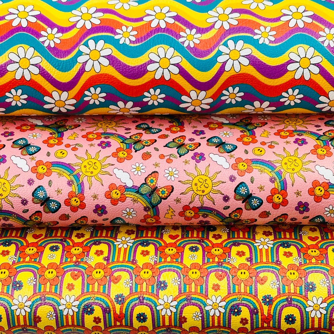 Retro daisy flower butterfly rainbow - faux vegan Leatherette vinyl - canvas - choose Fabric material Sheets