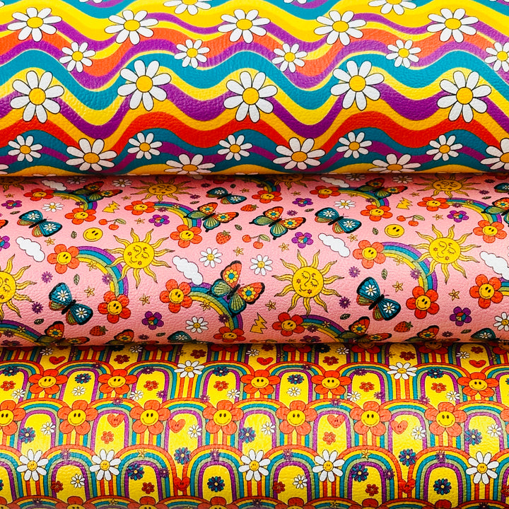 Retro daisy flower butterfly rainbow - faux vegan Leatherette vinyl - canvas - choose Fabric material Sheets
