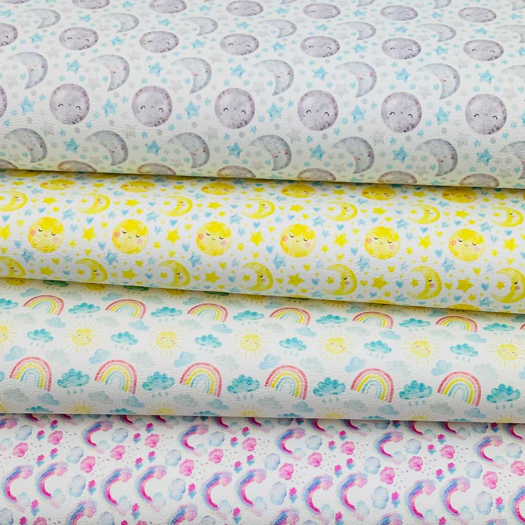 Sun Moon weather rainbow  - faux vegan Leatherette vinyl - canvas - choose Fabric material Sheets